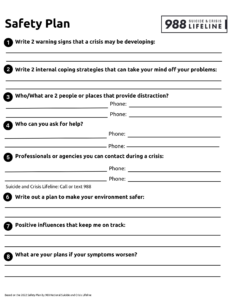 Suicide and Crisis safety plan for mental health worksheet