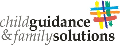 Logo for child guidance & family solutions featuring the organization name with a colorful abstract symbol
