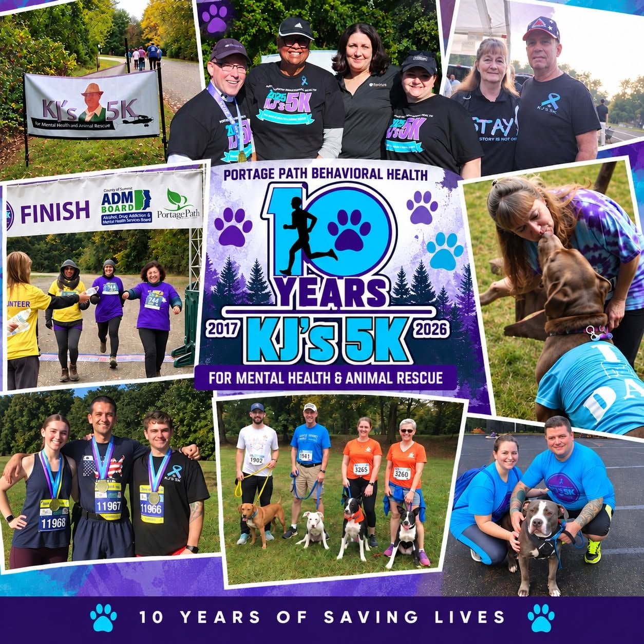807797717_1748000893501654_2631675816702370302_n 1 Collage from a charity 5K event celebrating 10 years, showing runners, volunteers, dogs, finish banners, and a central graphic reading '10 Years KJ's 5K for Mental Health & Animal Rescue'.