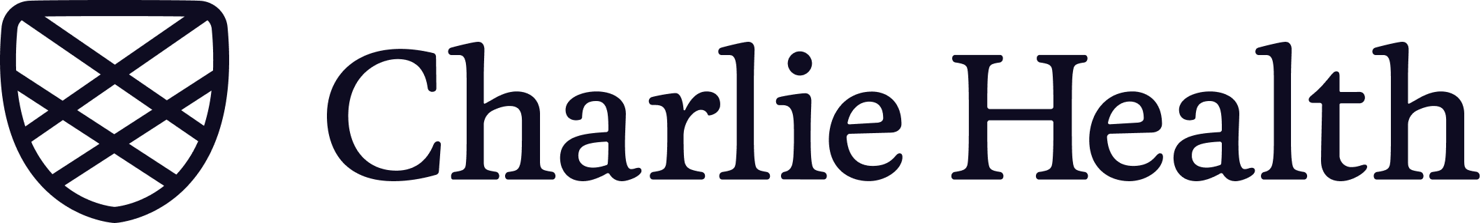 Charlie health logo with a navy shield emblem to the left of the brand name