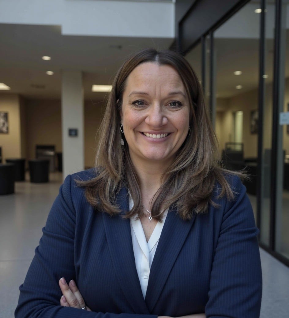 A9924547-dd49-48d5-9d3e-22e38757aa4d | Portage Path Behavioral Health Smiling woman with brown hair in a navy blazer standing in a modern office lobby, arms crossed.