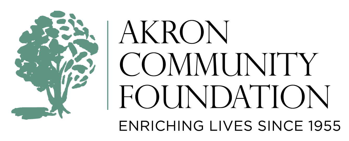 Akron-foundation | Portage Path Behavioral Health Akron community foundation logo with a teal tree icon on the left, a vertical divider, and bold black text reading 'akron community foundation' with the slogan 'enriching lives since 1955'.
