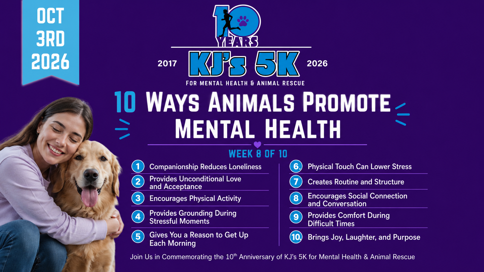 Chatgpt Image Aug 13 2026 04_36_44 Pm Poster for KJ's 5K fundraiser: 9 Weeks to Race Day, Oct 3, 2026, supporting mental health and animal rescue.