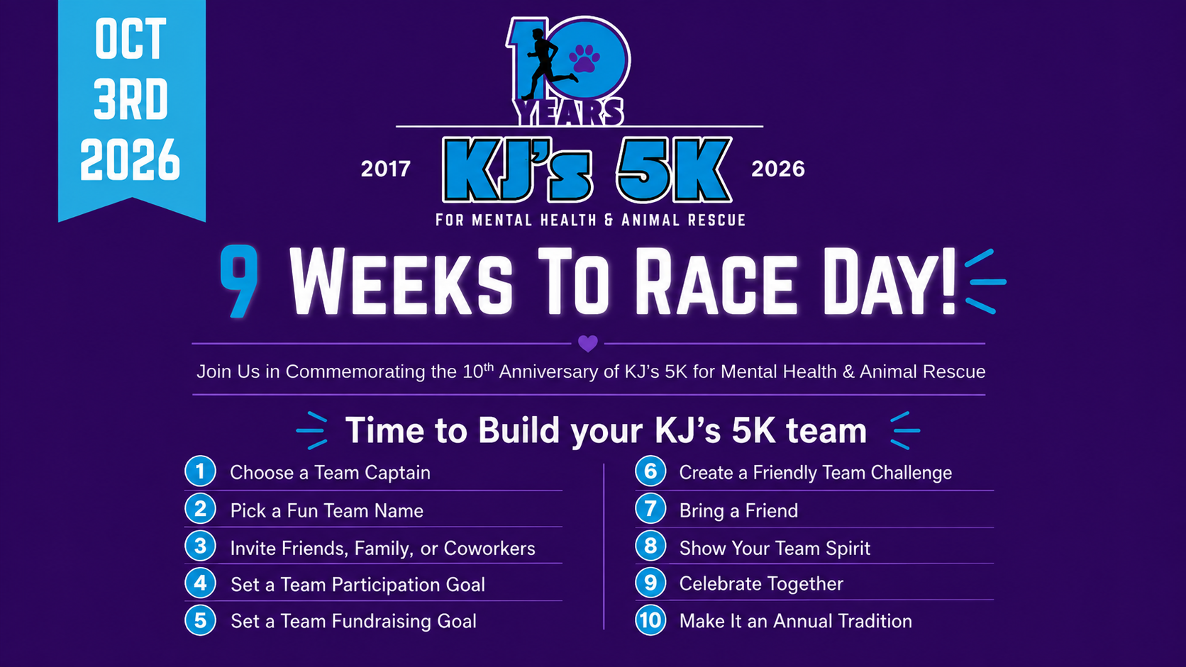 Chatgpt Image Aug 4 2026 11_36_23 Am Poster for KJ's 5K fundraiser: 9 Weeks to Race Day, Oct 3, 2026, supporting mental health and animal rescue.