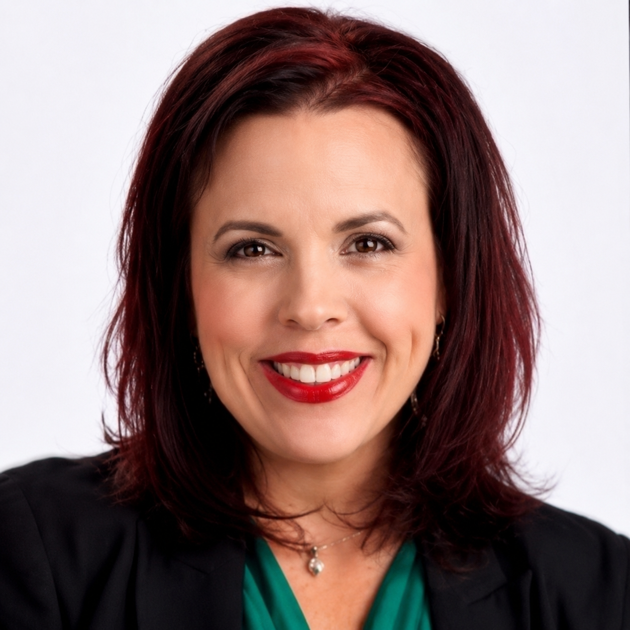 Chatgpt Image Jul 6 2026 10_23_27 Am | Portage Path Behavioral Health Smiling woman with shoulder-length burgundy hair, wearing a black blazer and green blouse, posed against a light background.