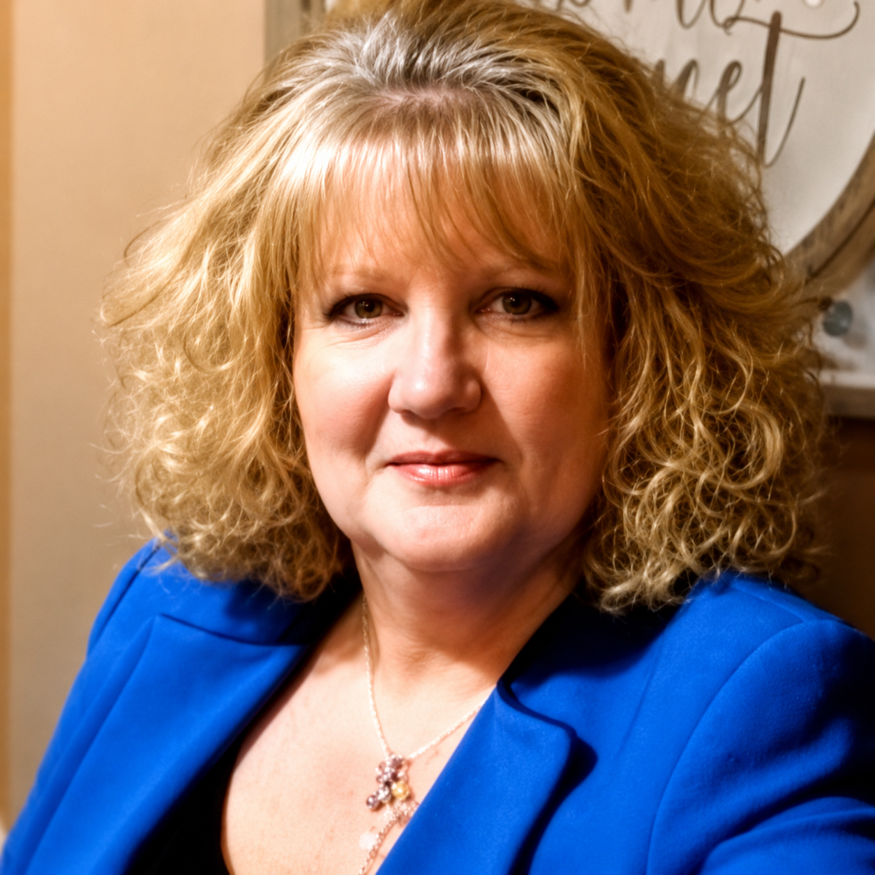 Chatgpt Image Jul 6 2026 10_43_53 Am | Portage Path Behavioral Health Portrait of a middle-aged woman with blonde curly hair wearing a blue blazer and a pendant necklace.