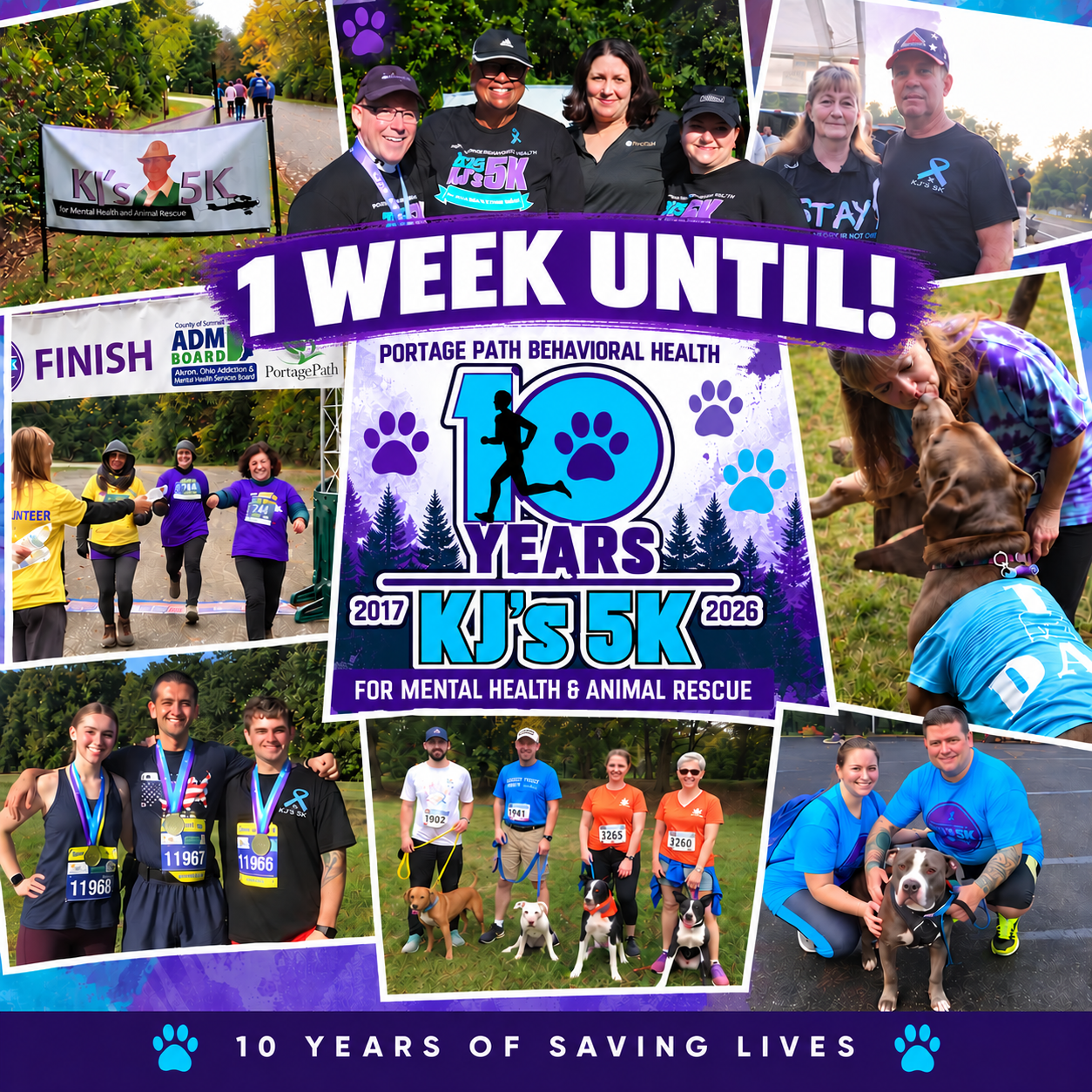 Poster for KJ's 5K fundraiser: 9 Weeks to Race Day, Oct 3, 2026, supporting mental health and animal rescue.