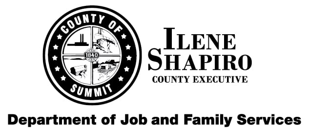 Seal of summit county beside the text 'lene shapiro' as county executive and 'department of job and family services' logo.