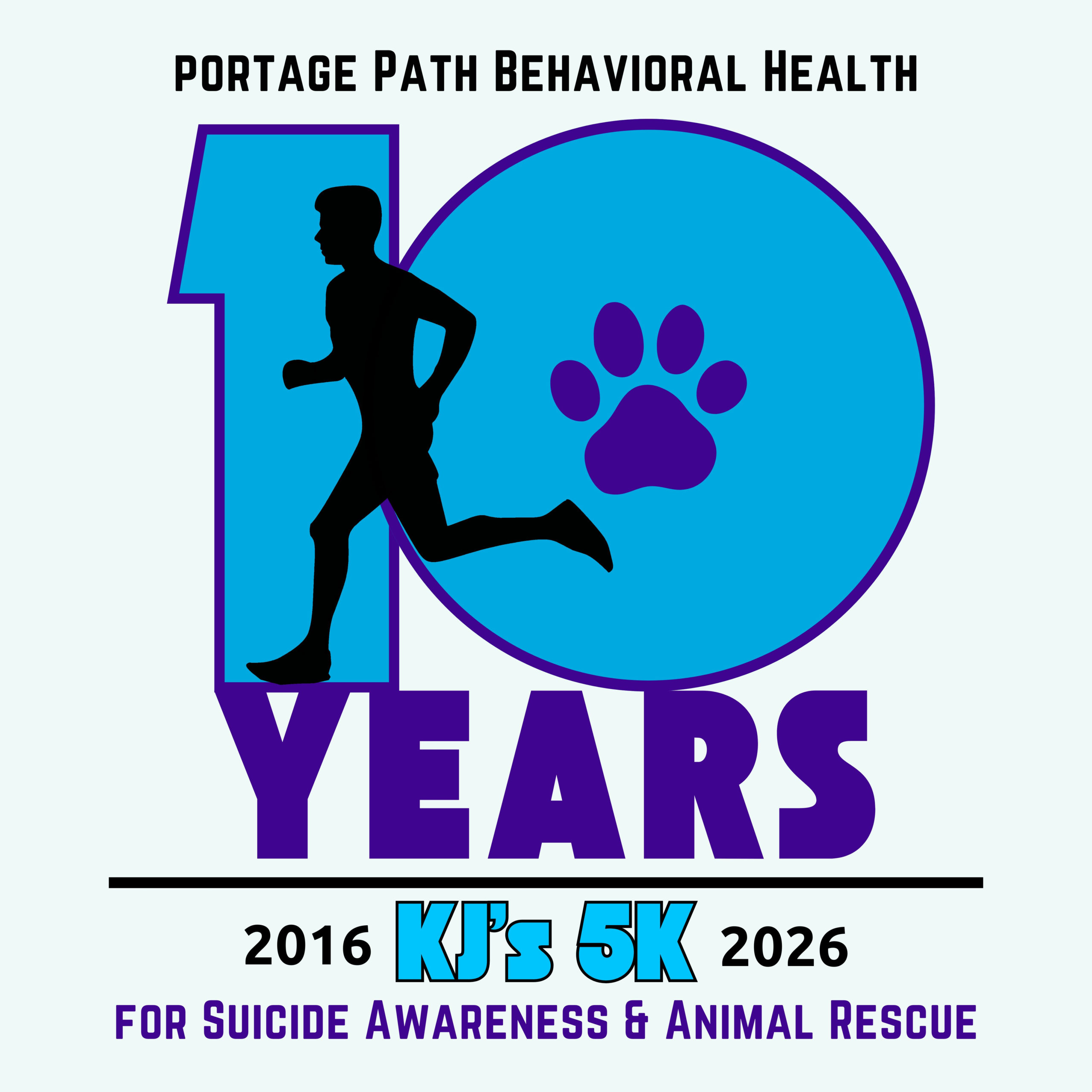 Portage path behavioral health 5k run/walk poster promoting suicide awareness and animal rescue, 2016–2026 era.