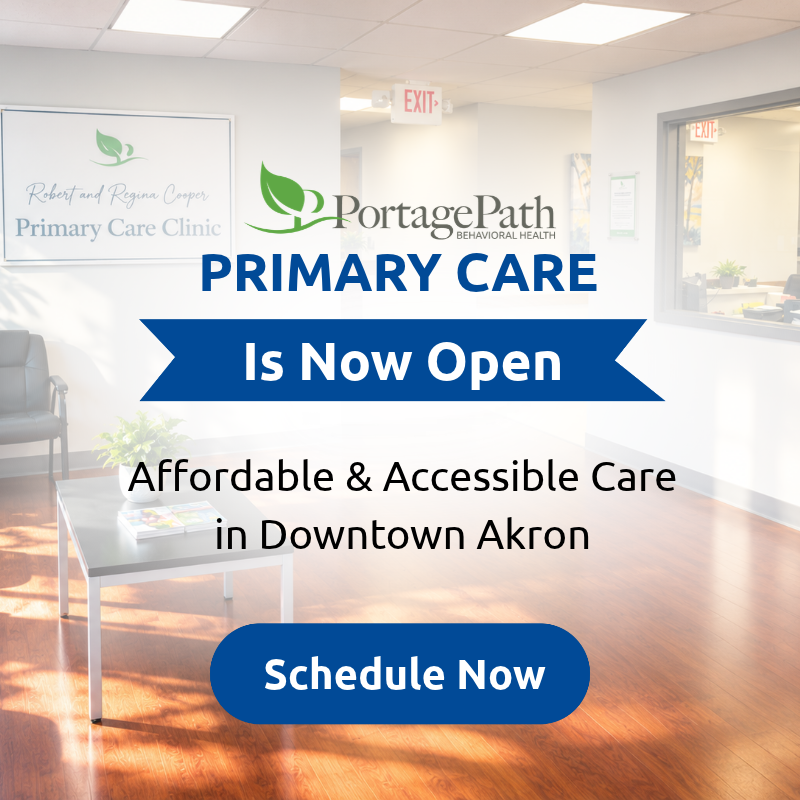 Now Accepting New Patients Primary Care Clinic Robert Regina Cooper 2 Indoor clinic lobby banner announcing 'PortagePath Primary Care' is now open, with 'Is Now Open' ribbon and a blue 'Schedule Now' button; includes text about affordable, accessible care in Downtown Akron.