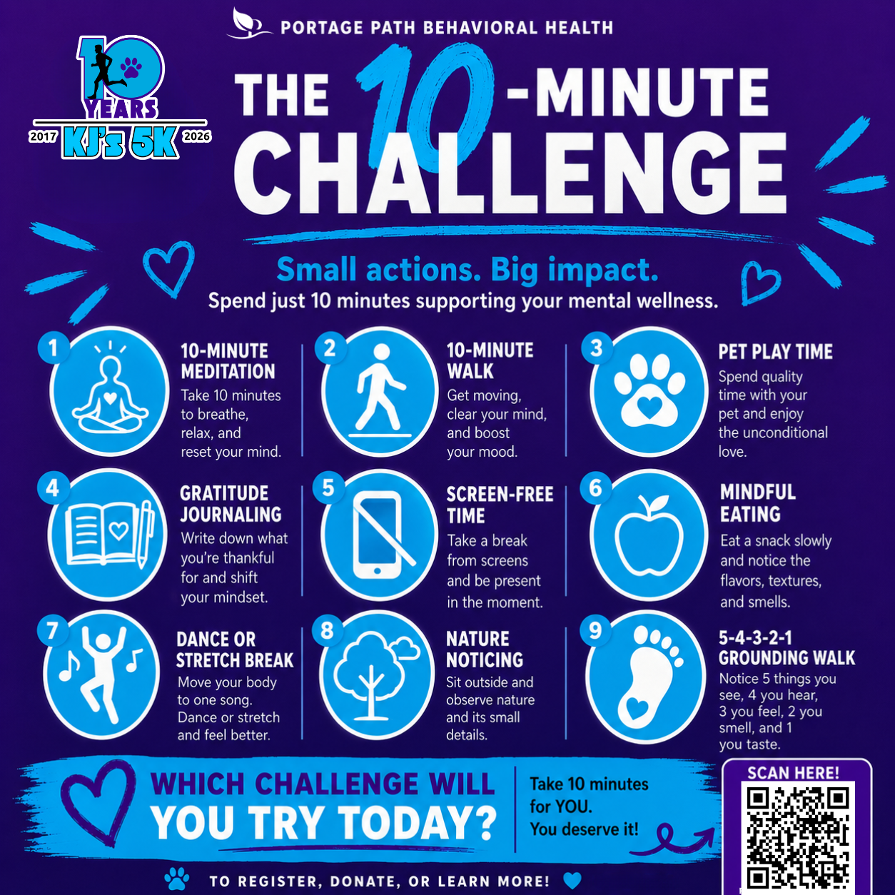 Week 6 Post 5 Poster for KJ's 5K fundraiser: 9 Weeks to Race Day, Oct 3, 2026, supporting mental health and animal rescue.
